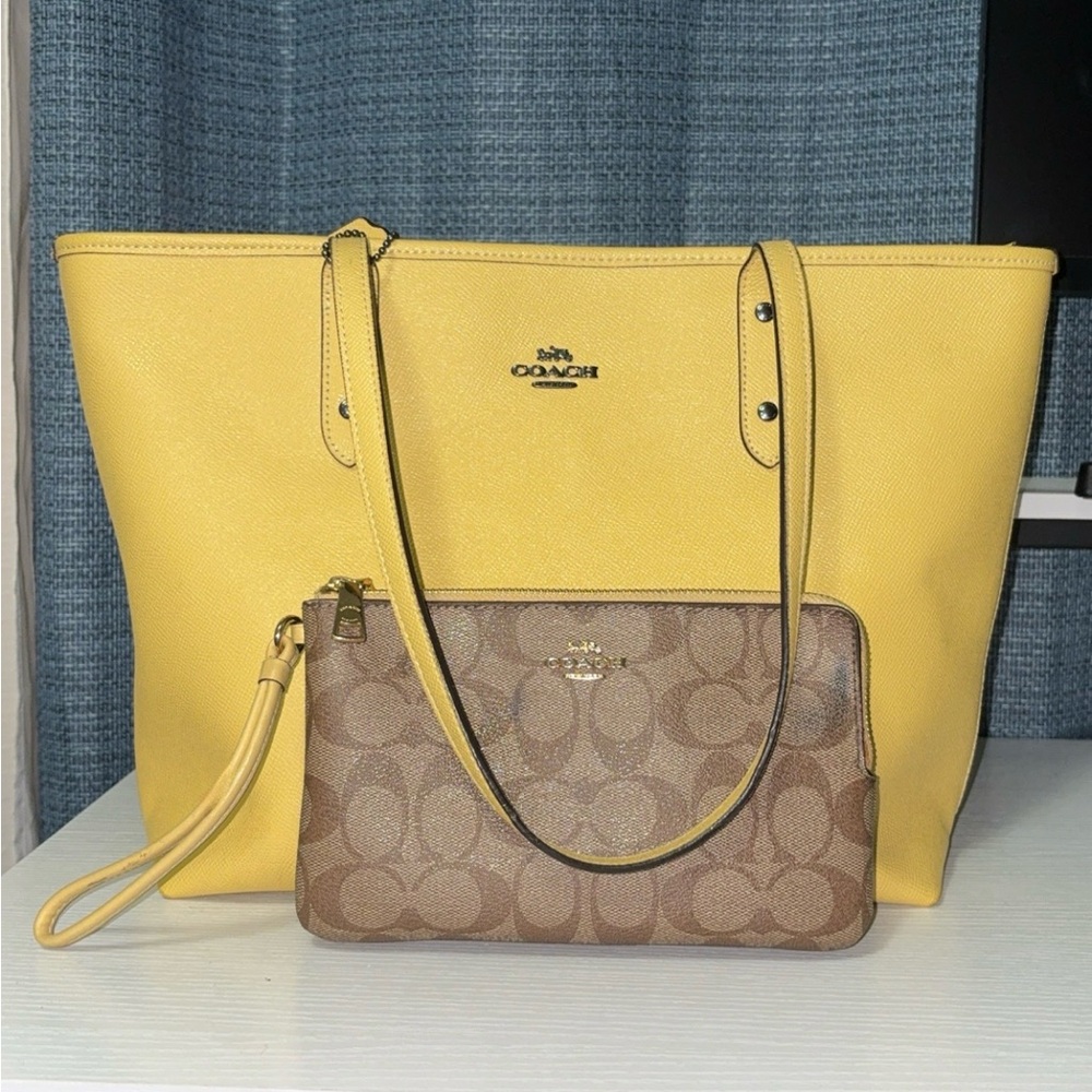 Coach Yellow and Brown Tote Bag with Pouch